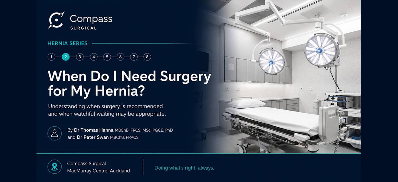 Compass Surgical guide explaining when hernia surgery may be needed based on symptoms, hernia type, and overall health