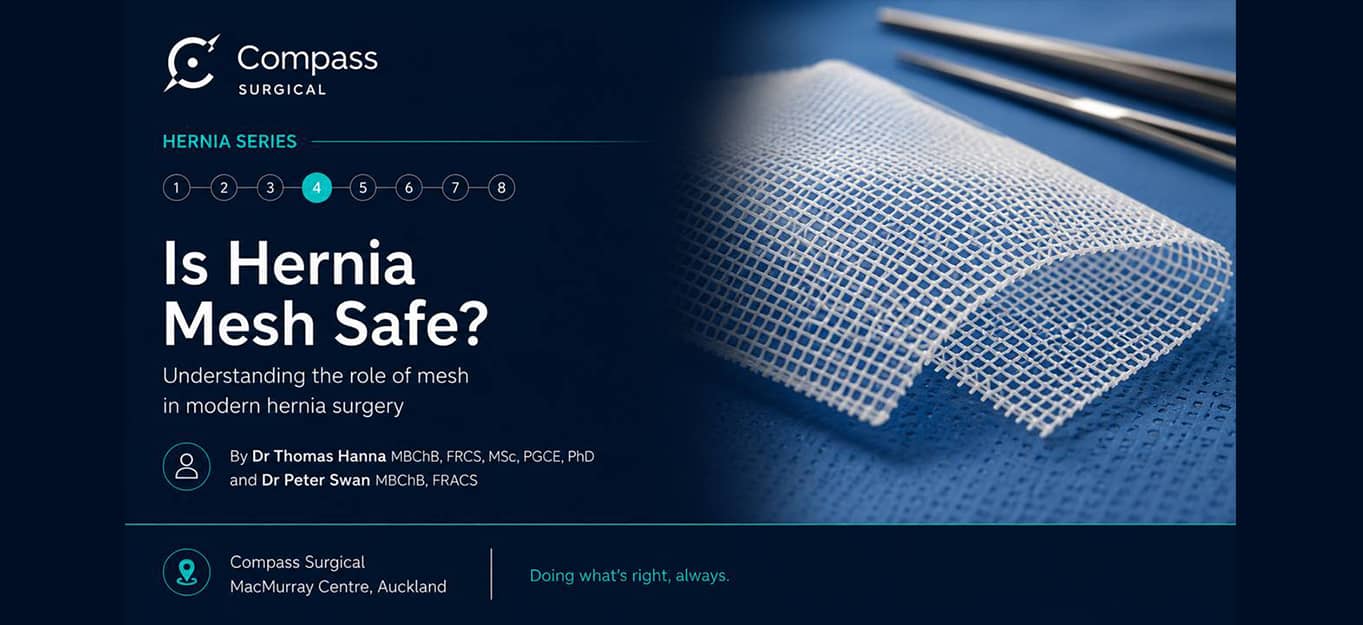 Surgeon explaining the safety and benefits of hernia mesh used in modern hernia repair procedures | Compass Surgical