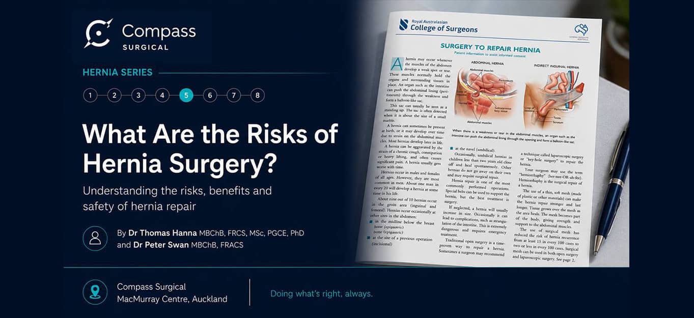 Surgeon explaining the risks, benefits, and safety considerations of hernia repair surgery to a patient | Compass Surgical